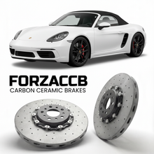 ForzaCCB direct OEM replacement carbon ceramic brake rotors for 2020 and newer Porsche 718 GTS 4.0 982 models, shown with a white Porsche 718 GTS 4.0 car.
