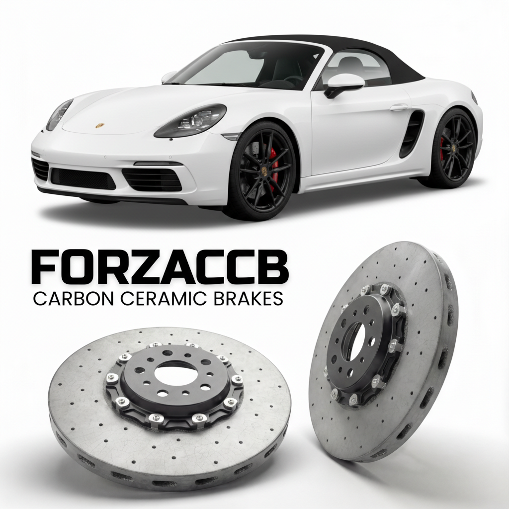 ForzaCCB direct OEM replacement carbon ceramic brake rotors for 2020 and newer Porsche 718 GTS 4.0 982 models, shown with a white Porsche 718 GTS 4.0 car.