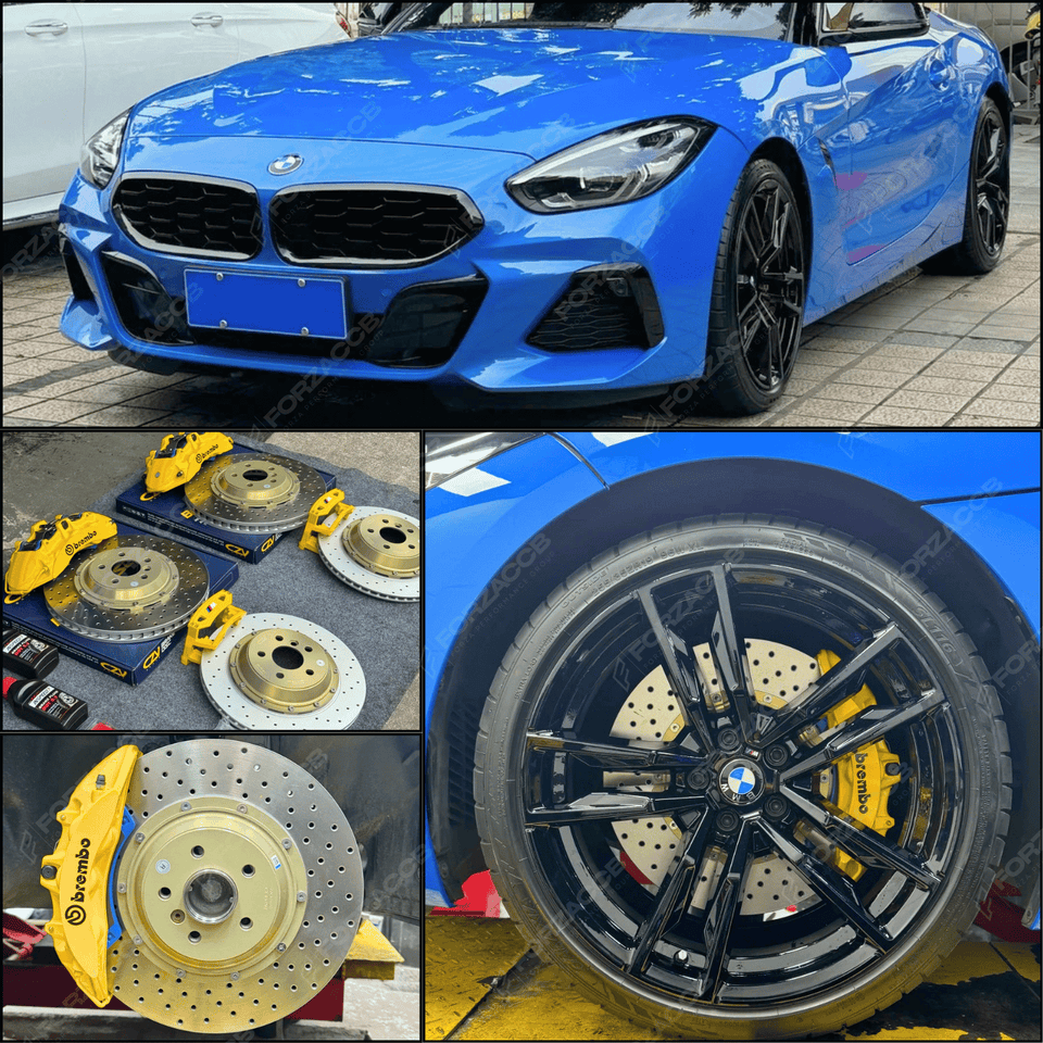 Collage of a blue BMW Z4 III G29 (2022), yellow Brembo calipers paired with iron rotors.