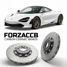 ForzaCCB direct OEM replacement carbon ceramic brake rotors for 2017 to 2023 McLaren 720S P14 models, shown with a white McLaren 720S car.