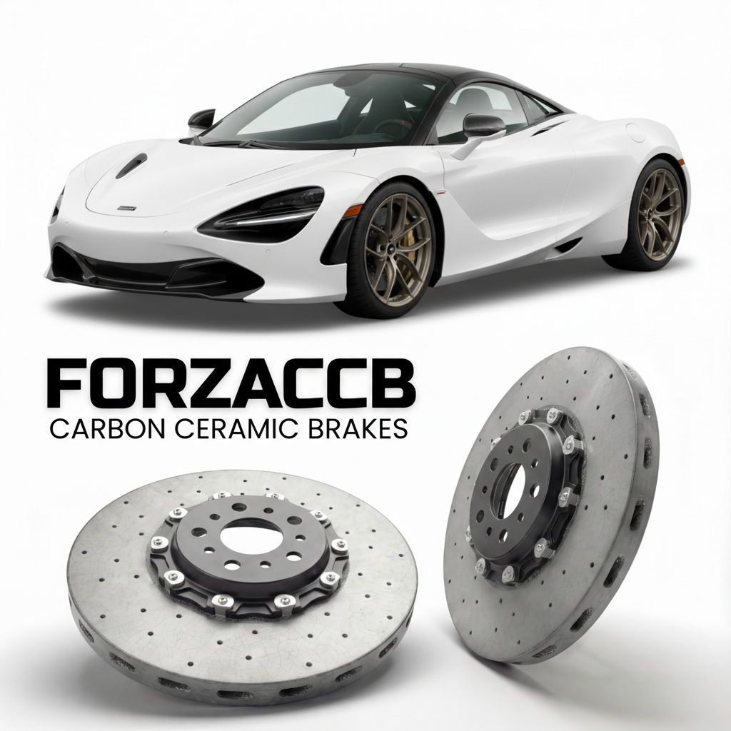 ForzaCCB direct OEM replacement carbon ceramic brake rotors for 2017 to 2023 McLaren 720S P14 models, shown with a white McLaren 720S car.