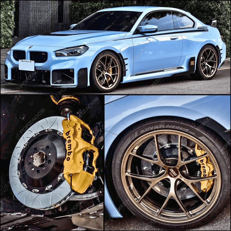 Collage of a blue BMW M2 G87 (2023) equipped with yellow Brembo 6-piston calipers and paired with iron rotors.