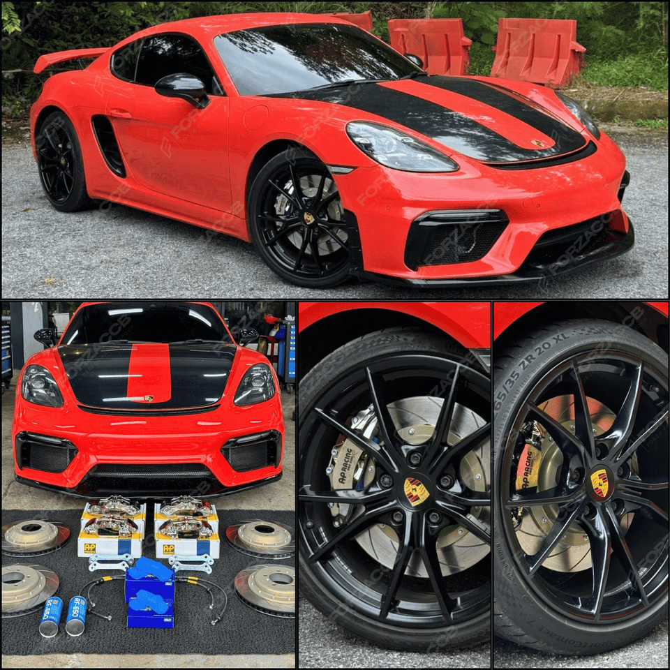 Collage of a red Porsche 718 982 Cayman GT4 (2020), AP racing calipers paired with iron rotors.