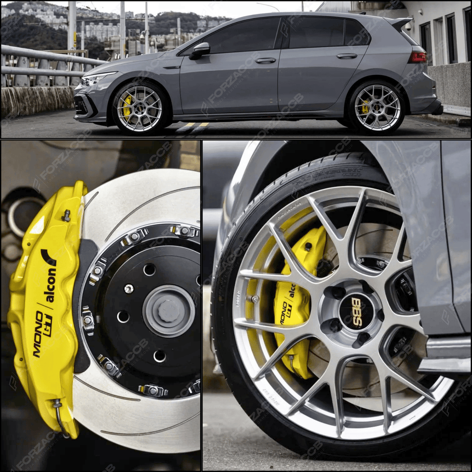 Collage of a gray Volkswagen Golf VIII (2024), yellow Alcon Mono GT calipers paired with iron rotors.