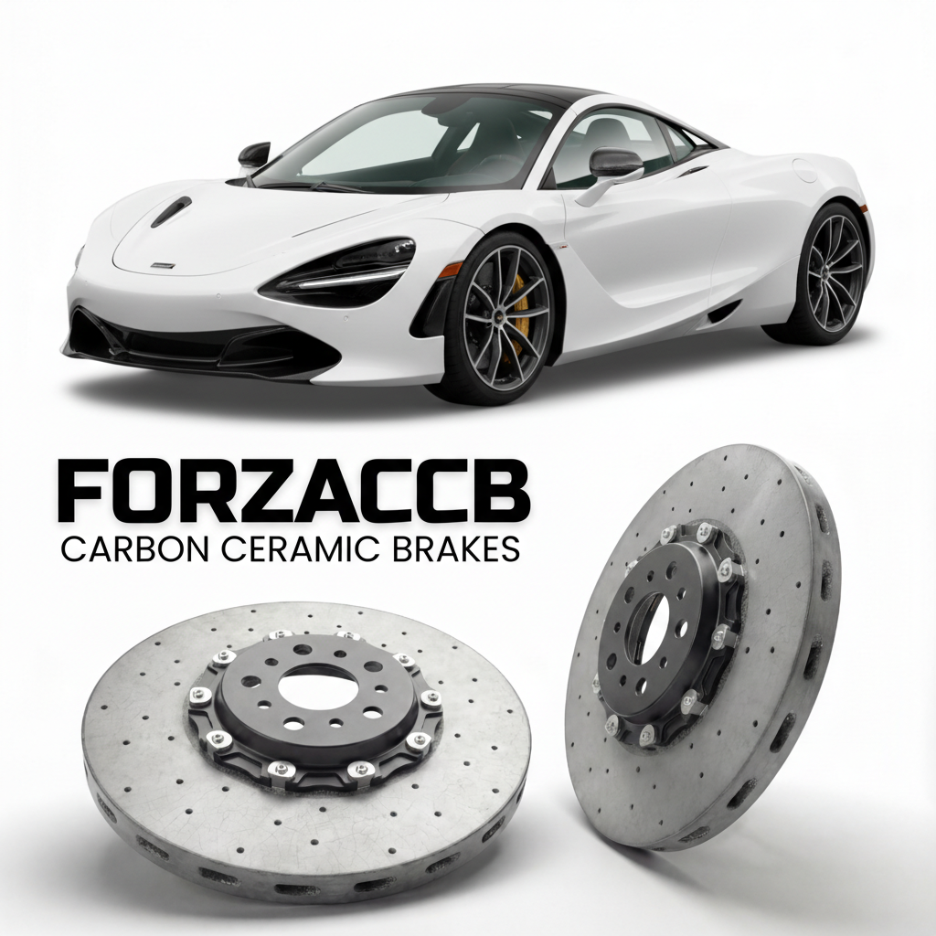 ForzaCCB direct OEM replacement carbon ceramic brake rotors for 2023-2024+ McLaren 750S P14 models, shown with a white McLaren 750S car.
