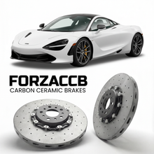ForzaCCB direct OEM replacement carbon ceramic brake rotors for 2023-2024+ McLaren 750S P14 models, shown with a white McLaren 750S car.