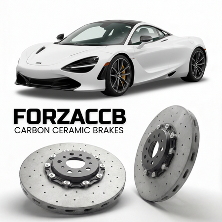 ForzaCCB direct OEM replacement carbon ceramic brake rotors for 2023-2024+ McLaren 750S P14 models, shown with a white McLaren 750S car.
