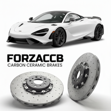ForzaCCB direct OEM replacement carbon ceramic brake rotors for 2020 to 2023 McLaren 765LT P14 models, shown with a white McLaren 765LT car.
