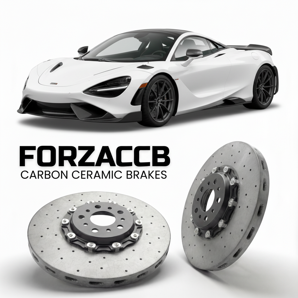 ForzaCCB direct OEM replacement carbon ceramic brake rotors for 2020 to 2023 McLaren 765LT P14 models, shown with a white McLaren 765LT car.