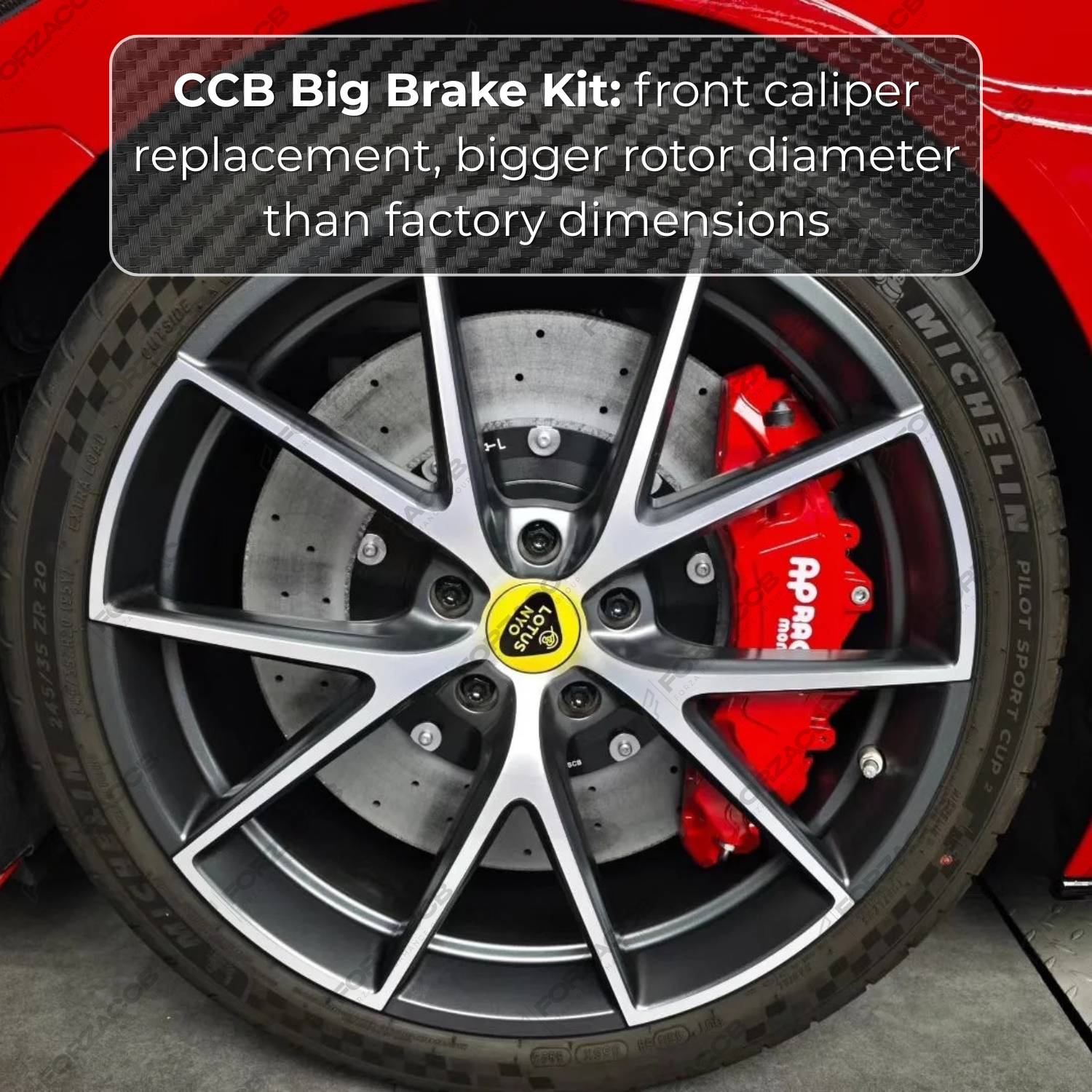 High-performance brake upgrade kit featuring a ForzaCCB carbon ceramic rotor and silver AP Racing Radi-CAL II caliper with AP Racing packaging in the background.