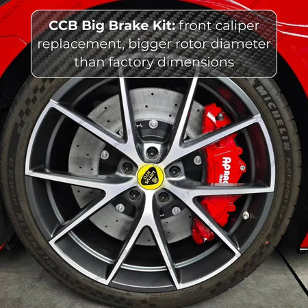 High-performance brake upgrade kit featuring a ForzaCCB carbon ceramic rotor and silver AP Racing Radi-CAL II caliper with AP Racing packaging in the background.