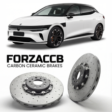 ForzaCCB direct OEM replacement carbon ceramic brake rotors for 2026 and newer Zeekr 7GT models, shown with a white Zeekr 7GT car.
