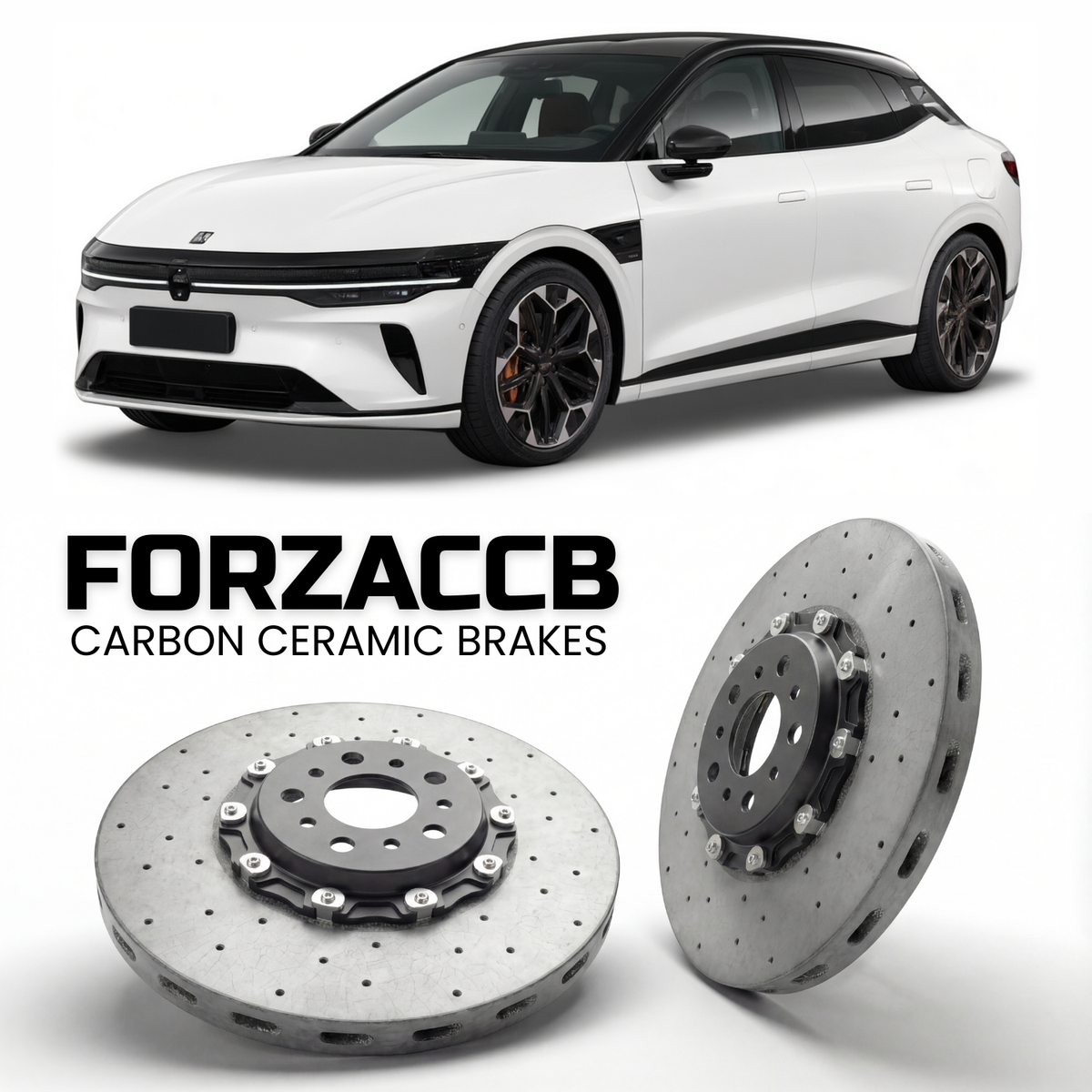 ForzaCCB direct OEM replacement carbon ceramic brake rotors for 2026 and newer Zeekr 7GT models, shown with a white Zeekr 7GT car.
