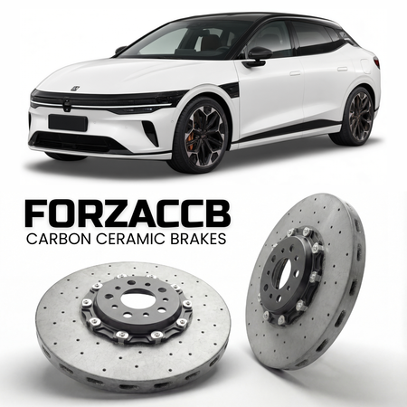 ForzaCCB direct OEM replacement carbon ceramic brake rotors for 2026 and newer Zeekr 7GT models, shown with a white Zeekr 7GT car.