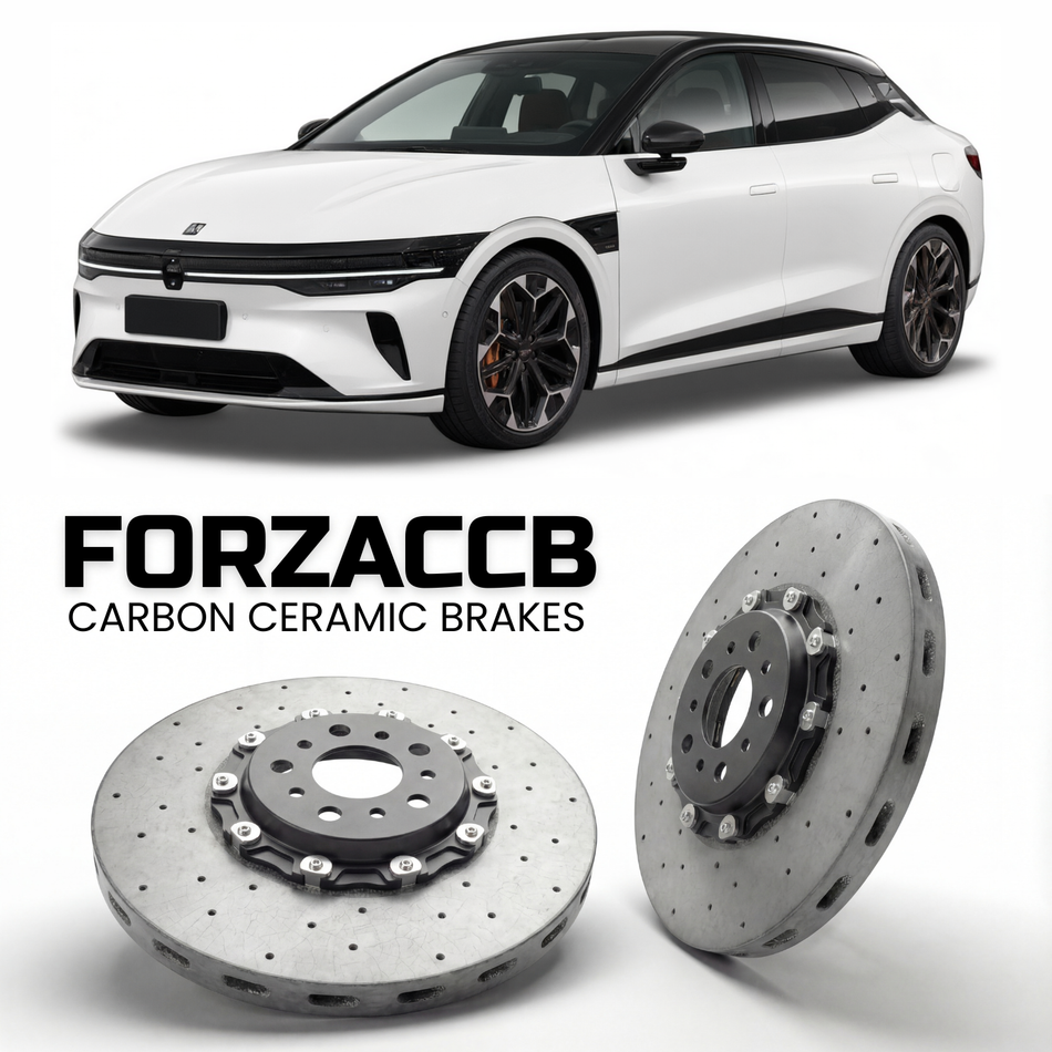 ForzaCCB direct OEM replacement carbon ceramic brake rotors for 2026 and newer Zeekr 7GT models, shown with a white Zeekr 7GT car.