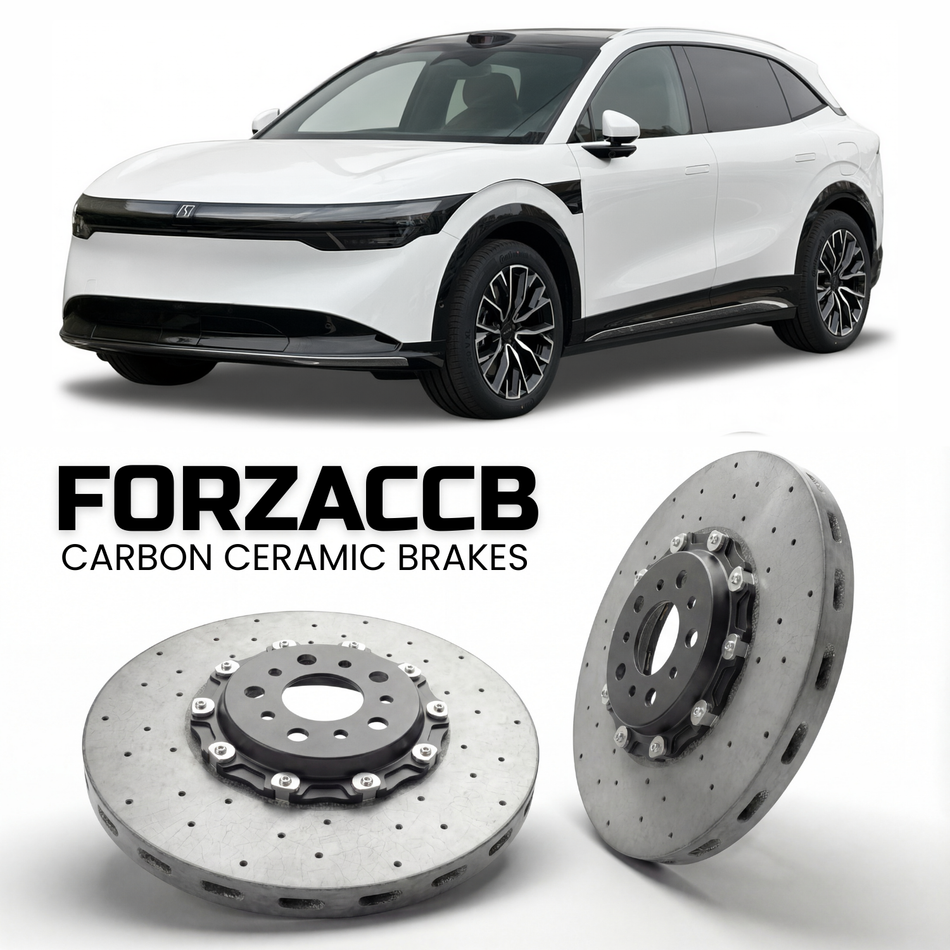 ForzaCCB direct OEM replacement carbon ceramic brake rotors for 2024 and newer Zeekr 7X models, shown with a white Zeekr 7X car.