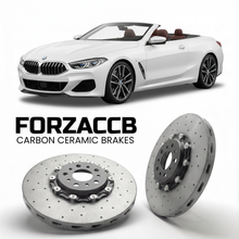 ForzaCCB direct OEM replacement carbon ceramic brake rotors for 2018 and newer BMW 8-Series Convertible G14 models, shown with a white BMW 8-Series Convertible car.