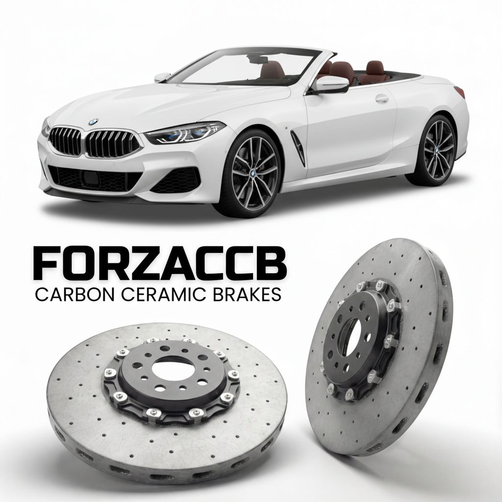 ForzaCCB direct OEM replacement carbon ceramic brake rotors for 2018 and newer BMW 8-Series Convertible G14 models, shown with a white BMW 8-Series Convertible car.