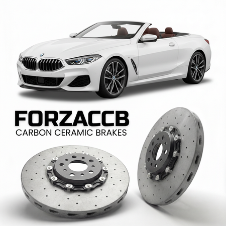 ForzaCCB direct OEM replacement carbon ceramic brake rotors for 2018 and newer BMW 8-Series Convertible G14 models, shown with a white BMW 8-Series Convertible car.