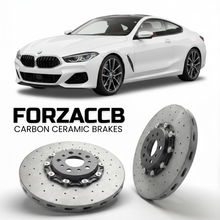 ForzaCCB direct OEM replacement carbon ceramic brake rotors for 2018 and newer BMW 8-Series Coupe G15 models, shown with a white BMW 8-Series Coupe car.