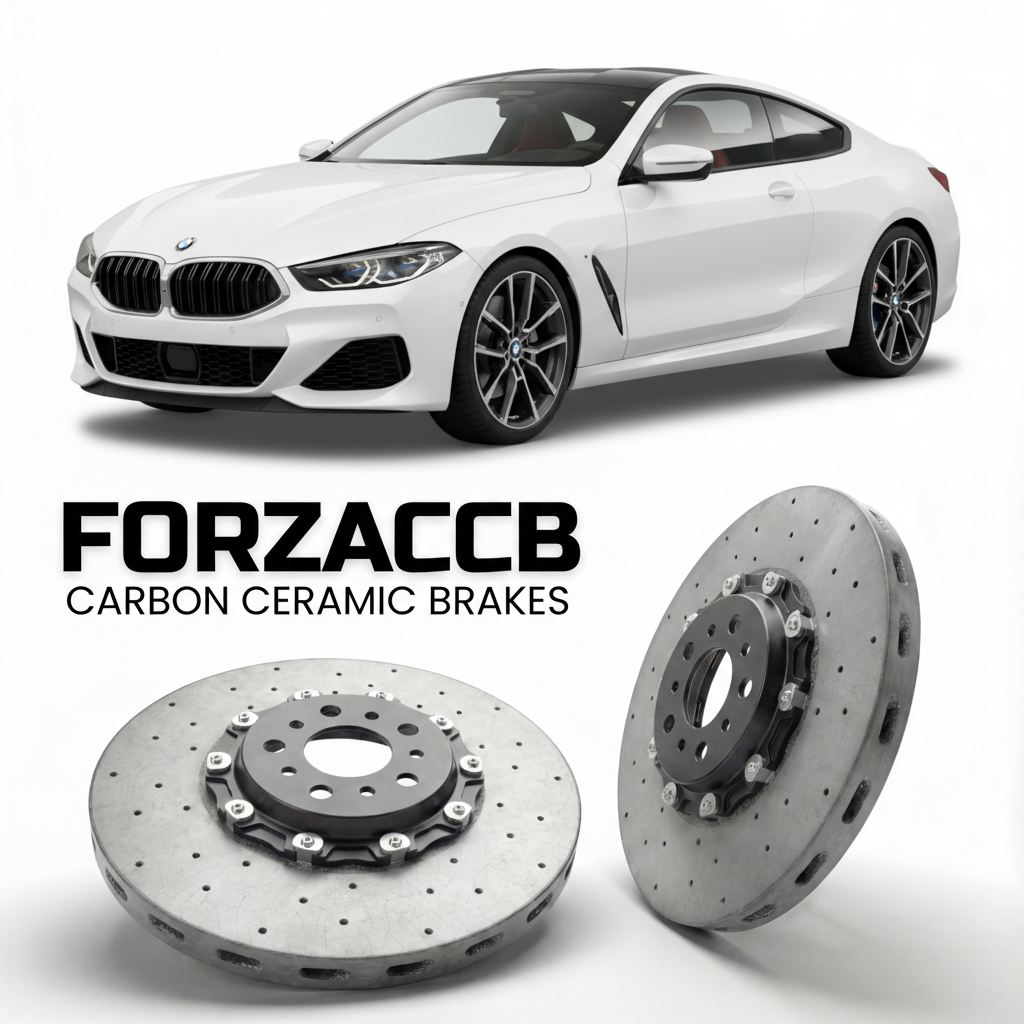 ForzaCCB direct OEM replacement carbon ceramic brake rotors for 2018 and newer BMW 8-Series Coupe G15 models, shown with a white BMW 8-Series Coupe car.