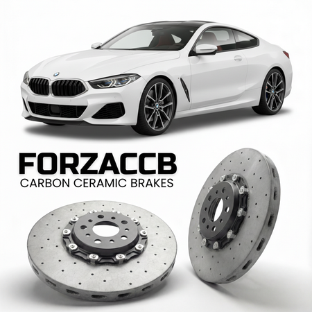 ForzaCCB direct OEM replacement carbon ceramic brake rotors for 2018 and newer BMW 8-Series Coupe G15 models, shown with a white BMW 8-Series Coupe car.