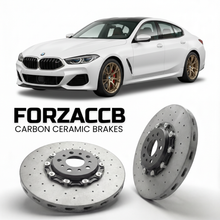 ForzaCCB direct OEM replacement carbon ceramic brake rotors for 2019 and newer BMW 8-Series Gran Coupe G16 models, shown with a white BMW 8-Series Gran Coupe car.