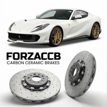 ForzaCCB direct OEM replacement carbon ceramic brake rotors for 2021 to 2024 Ferrari 812 Competizione models, shown with a white Ferrari 812 Competizione car.