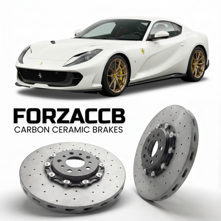 ForzaCCB direct OEM replacement carbon ceramic brake rotors for 2021 to 2024 Ferrari 812 Competizione models, shown with a white Ferrari 812 Competizione car.