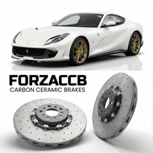 ForzaCCB direct OEM replacement carbon ceramic brake rotors for 2021 to 2024 Ferrari 812 Competizione A models, shown with a white Ferrari 812 Competizione A car.
