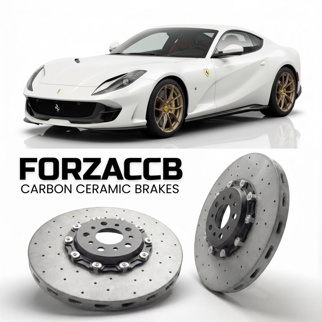 ForzaCCB direct OEM replacement carbon ceramic brake rotors for 2021 to 2024 Ferrari 812 Competizione A models, shown with a white Ferrari 812 Competizione A car.