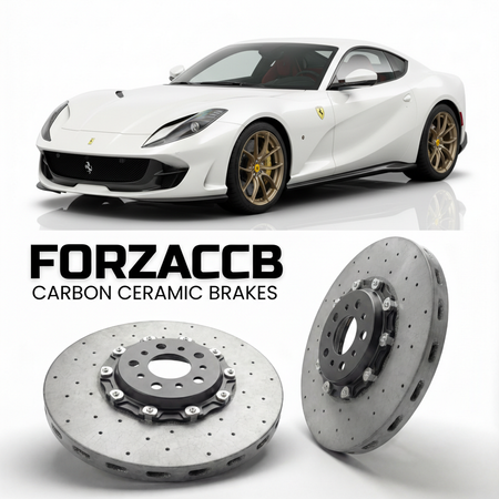 ForzaCCB direct OEM replacement carbon ceramic brake rotors for 2021 to 2024 Ferrari 812 Competizione A models, shown with a white Ferrari 812 Competizione A car.