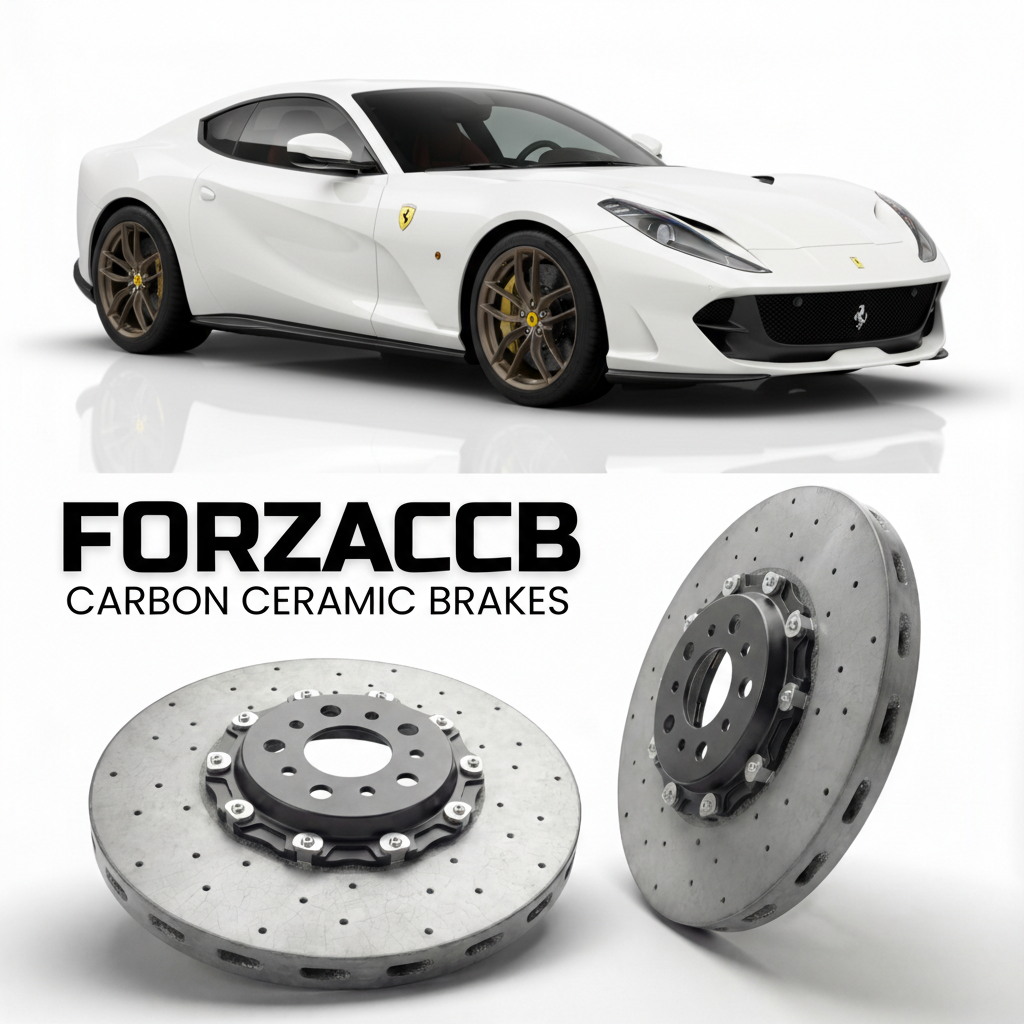 ForzaCCB direct OEM replacement carbon ceramic brake rotors for 2019 to 2024 Ferrari 812 GTS models, shown with a white Ferrari 812 GTS car.