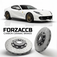 ForzaCCB direct OEM replacement carbon ceramic brake rotors for 2019 to 2024 Ferrari 812 GTS models, shown with a white Ferrari 812 GTS car.