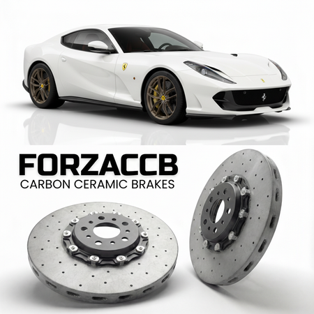 ForzaCCB direct OEM replacement carbon ceramic brake rotors for 2019 to 2024 Ferrari 812 GTS models, shown with a white Ferrari 812 GTS car.