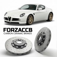 ForzaCCB direct OEM replacement carbon ceramic brake rotors for 2007 to 2010 Alfa Romeo 8C Competizione models, shown with a white Alfa Romeo 8C Competizione car.