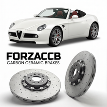 ForzaCCB direct OEM replacement carbon ceramic brake rotors for 2008 to 2010 Alfa Romeo 8C Competizione Alfa Romeo 8C Spider models, shown with a white Alfa Romeo 8C Competizione car.
