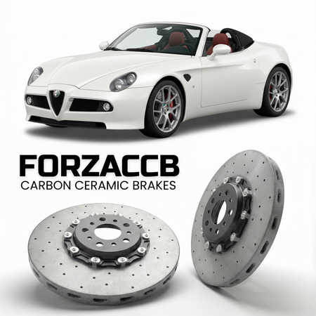 ForzaCCB direct OEM replacement carbon ceramic brake rotors for 2008 to 2010 Alfa Romeo 8C Competizione Alfa Romeo 8C Spider models, shown with a white Alfa Romeo 8C Competizione car.