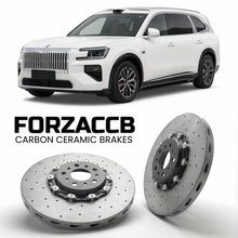 ForzaCCB direct OEM replacement carbon ceramic brake rotors for 2026 and newer Zeekr 8X models, shown with a white Zeekr 8X car.