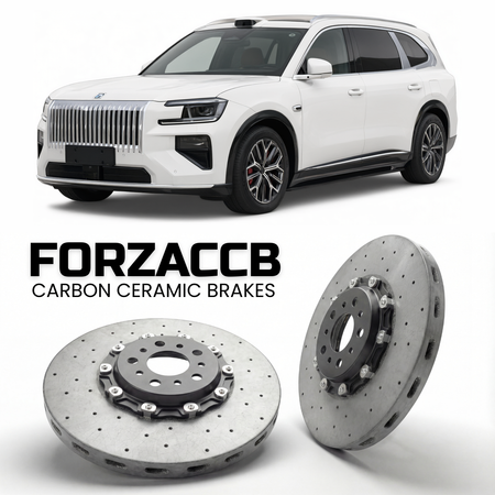 ForzaCCB direct OEM replacement carbon ceramic brake rotors for 2026 and newer Zeekr 8X models, shown with a white Zeekr 8X car.