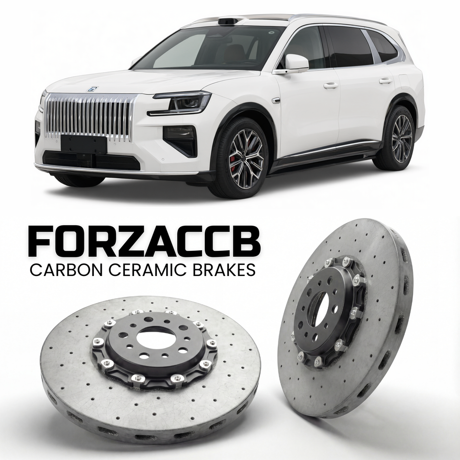 ForzaCCB direct OEM replacement carbon ceramic brake rotors for 2026 and newer Zeekr 8X models, shown with a white Zeekr 8X car.