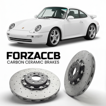 ForzaCCB direct OEM replacement carbon ceramic brake rotors for 1994 to 1998 Porsche 911 Carrera models, shown with a white Porsche 911 Carrera car.