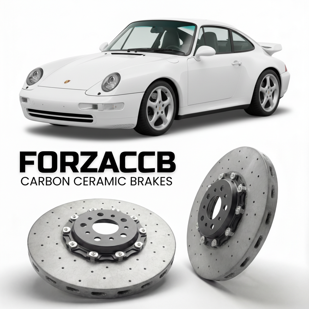ForzaCCB direct OEM replacement carbon ceramic brake rotors for 1994 to 1998 Porsche 911 Carrera models, shown with a white Porsche 911 Carrera car.