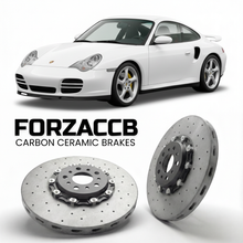 ForzaCCB direct OEM replacement carbon ceramic brake rotors for 1999 to 2004 Porsche 911 Carrera models, shown with a white Porsche 911 Carrera car.