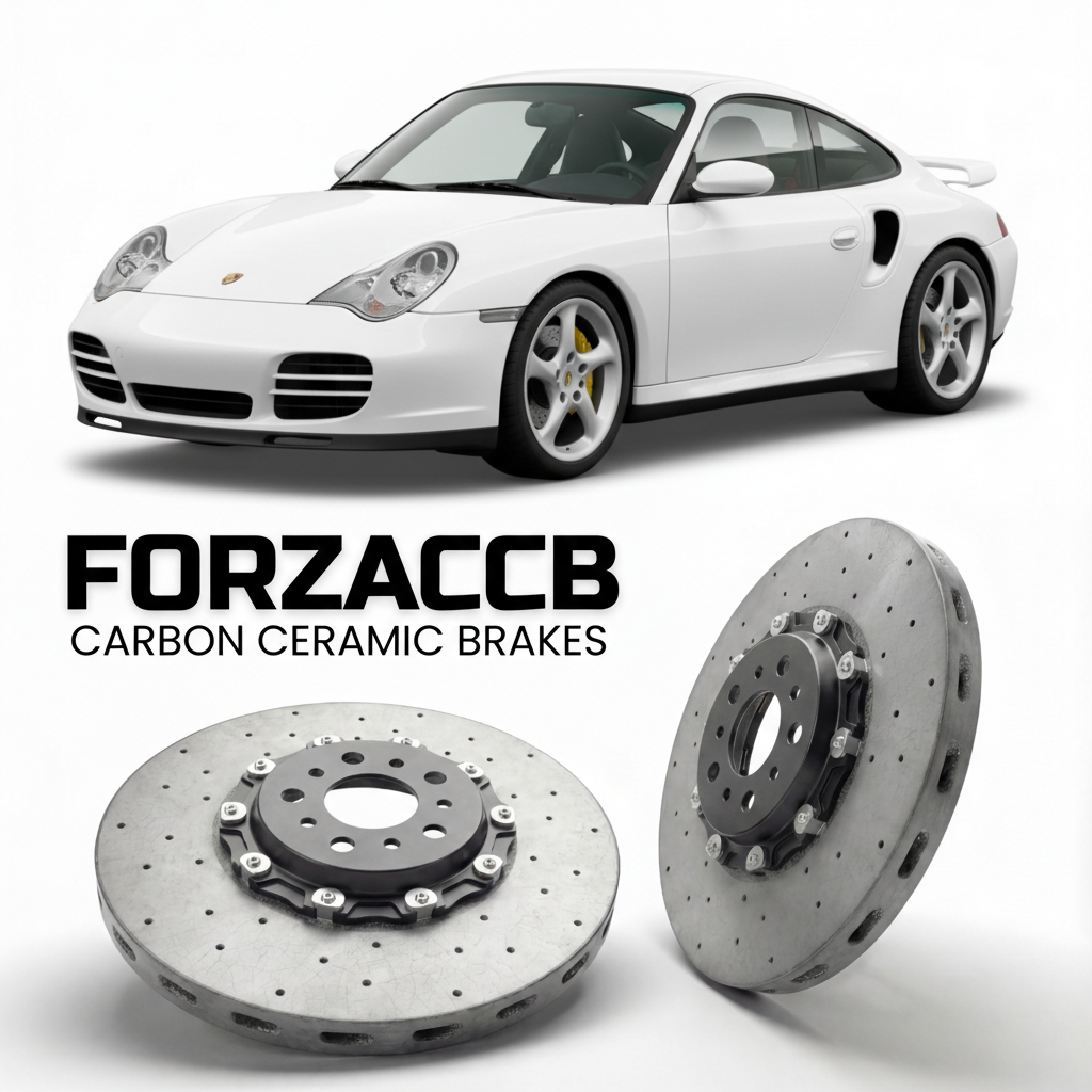 ForzaCCB direct OEM replacement carbon ceramic brake rotors for 1999 to 2004 Porsche 911 Carrera models, shown with a white Porsche 911 Carrera car.