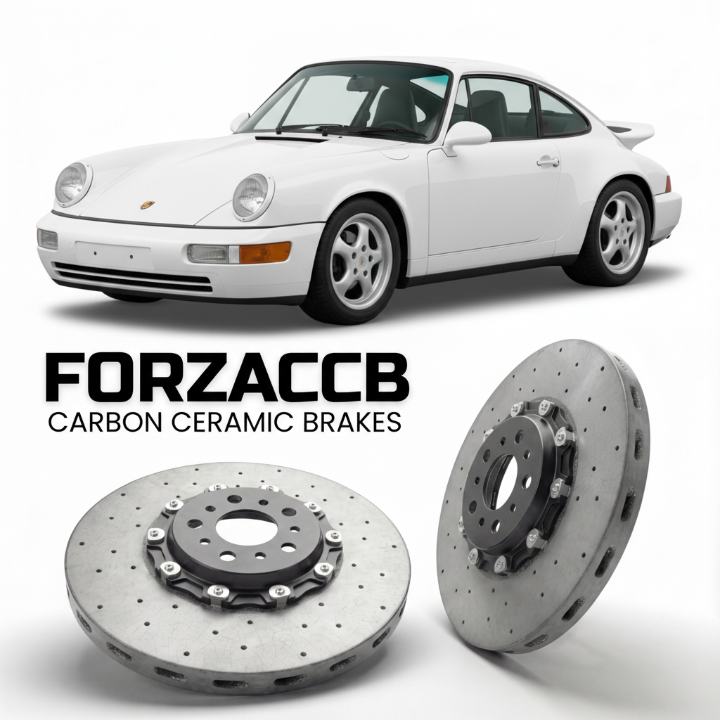 ForzaCCB direct OEM replacement carbon ceramic brake rotors for 1989 to 1994 Porsche 911 Carrera 2 models, shown with a white Porsche 911 Carrera 2 car.