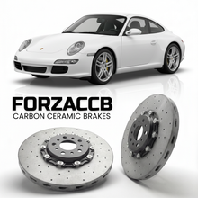 ForzaCCB direct OEM replacement carbon ceramic brake rotors for 2005 to 2008 Porsche 911 Carrera models, shown with a white Porsche 911 Carrera car.