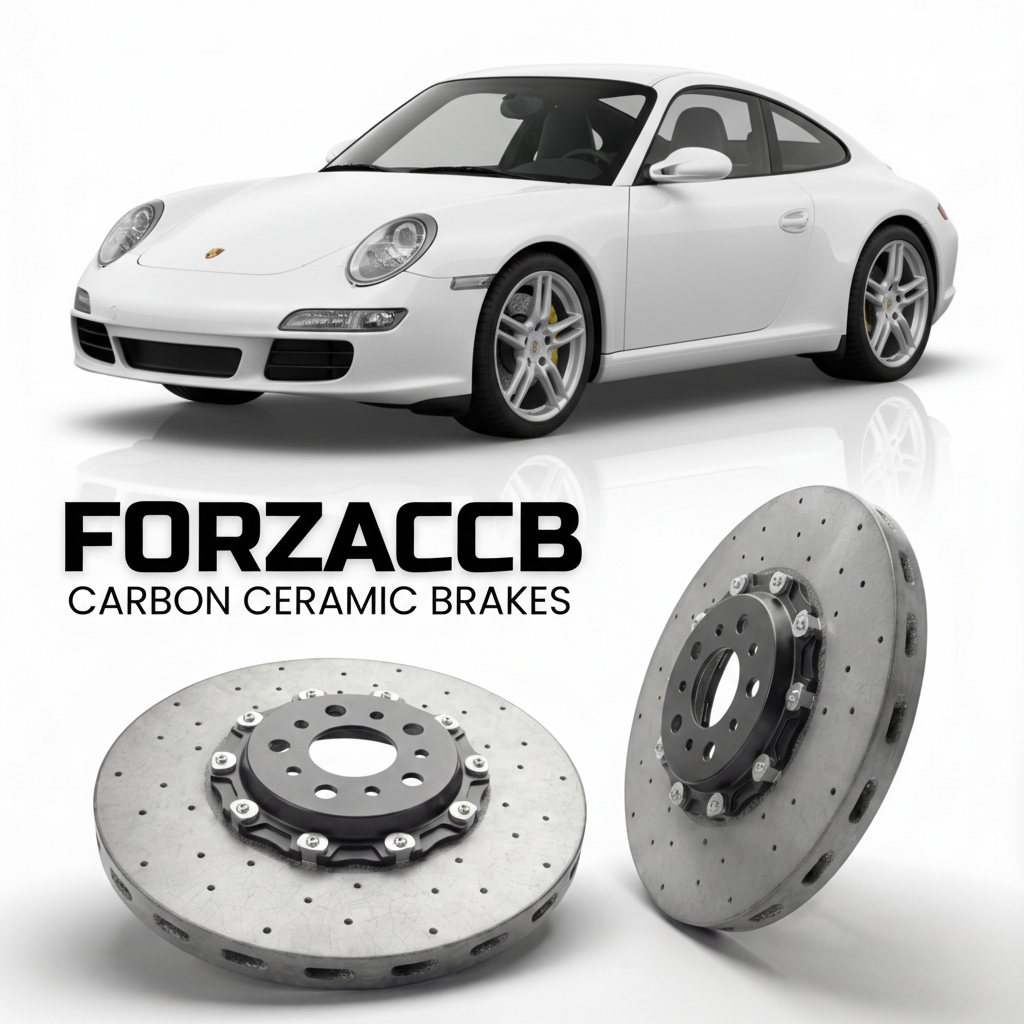 ForzaCCB direct OEM replacement carbon ceramic brake rotors for 2005 to 2008 Porsche 911 Carrera models, shown with a white Porsche 911 Carrera car.