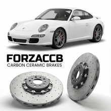 ForzaCCB direct OEM replacement carbon ceramic brake rotors for 2009 to 2012 Porsche 911 Carrera models, shown with a white Porsche 911 Carrera car.