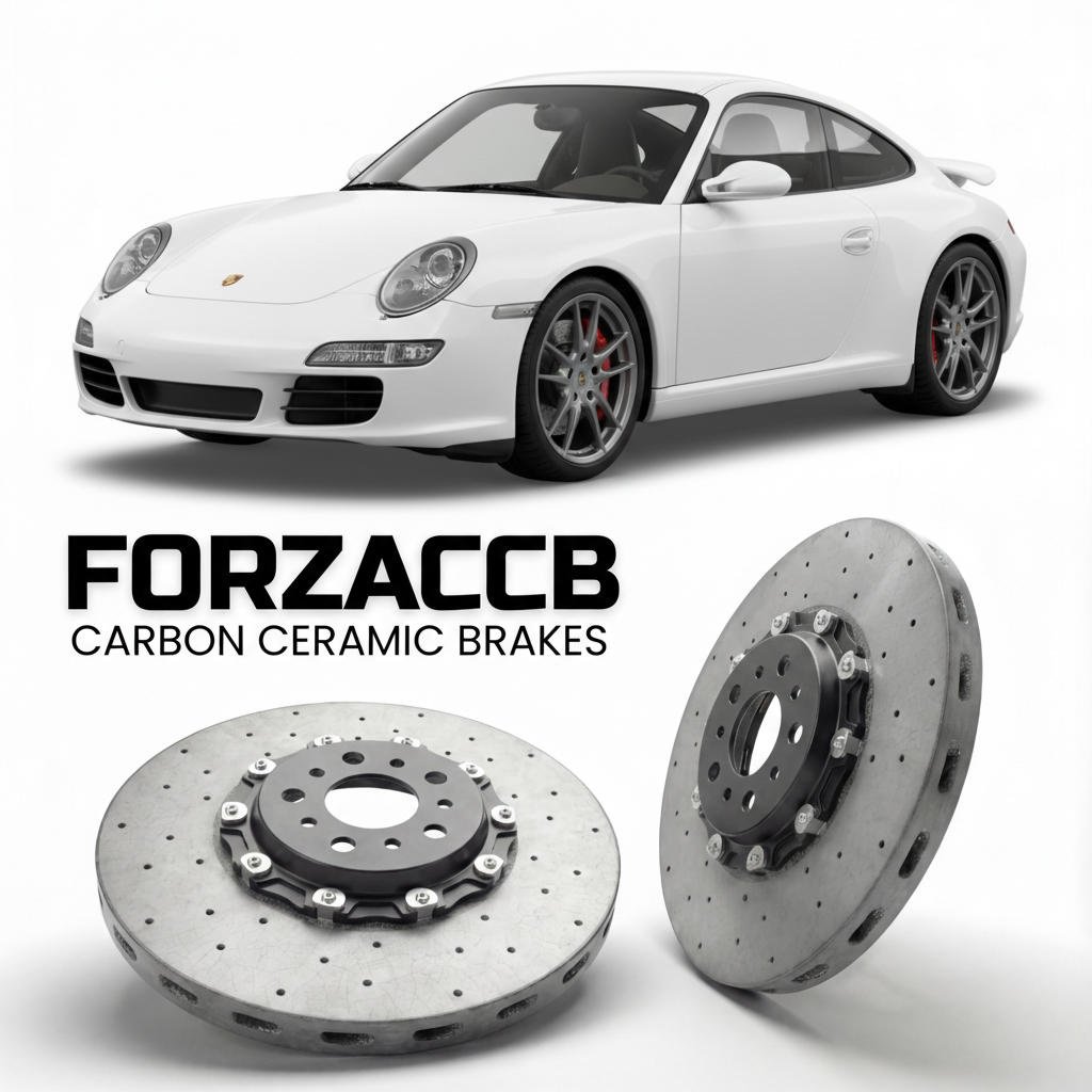 ForzaCCB direct OEM replacement carbon ceramic brake rotors for 2009 to 2012 Porsche 911 Carrera models, shown with a white Porsche 911 Carrera car.